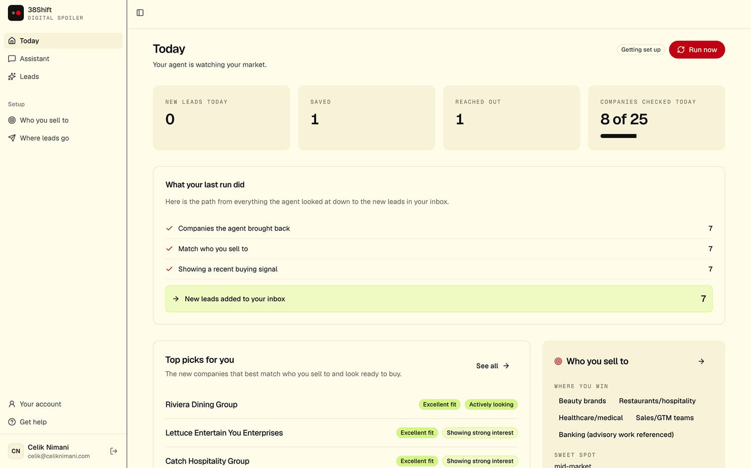 The Digital Spoiler dashboard showing the day's new leads, what the last run did, and the top-matched companies.